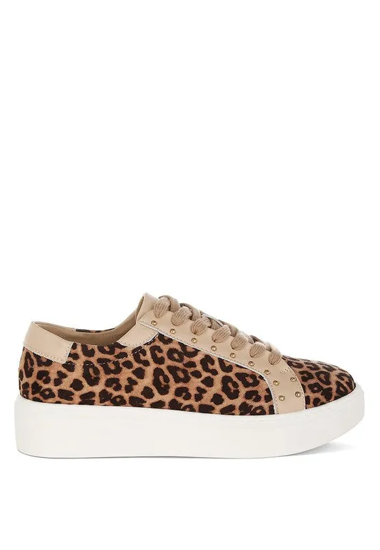 Women's Studded Leopard Print Chunky Leather Sneakers