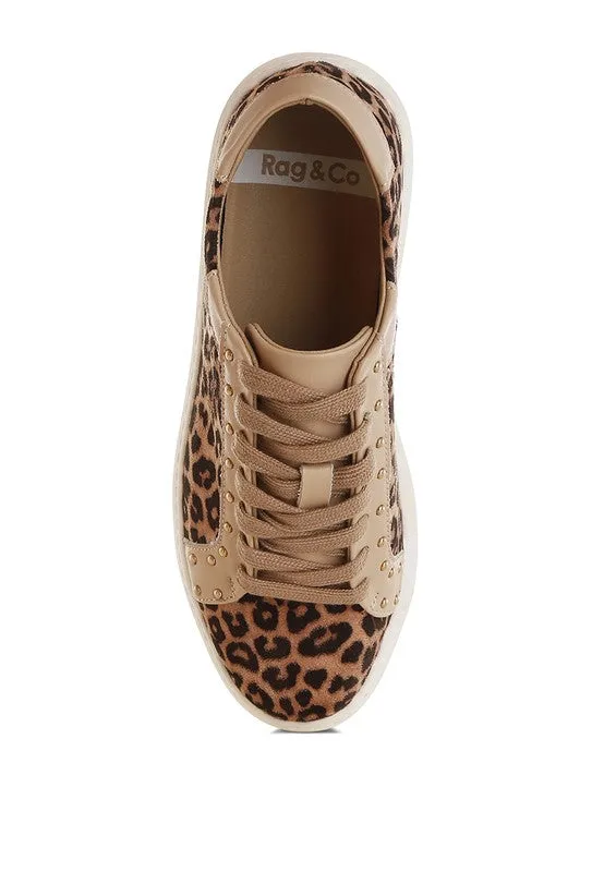 Women's Studded Leopard Print Chunky Leather Sneakers