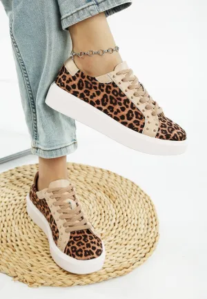 Women's Studded Leopard Print Chunky Leather Sneakers