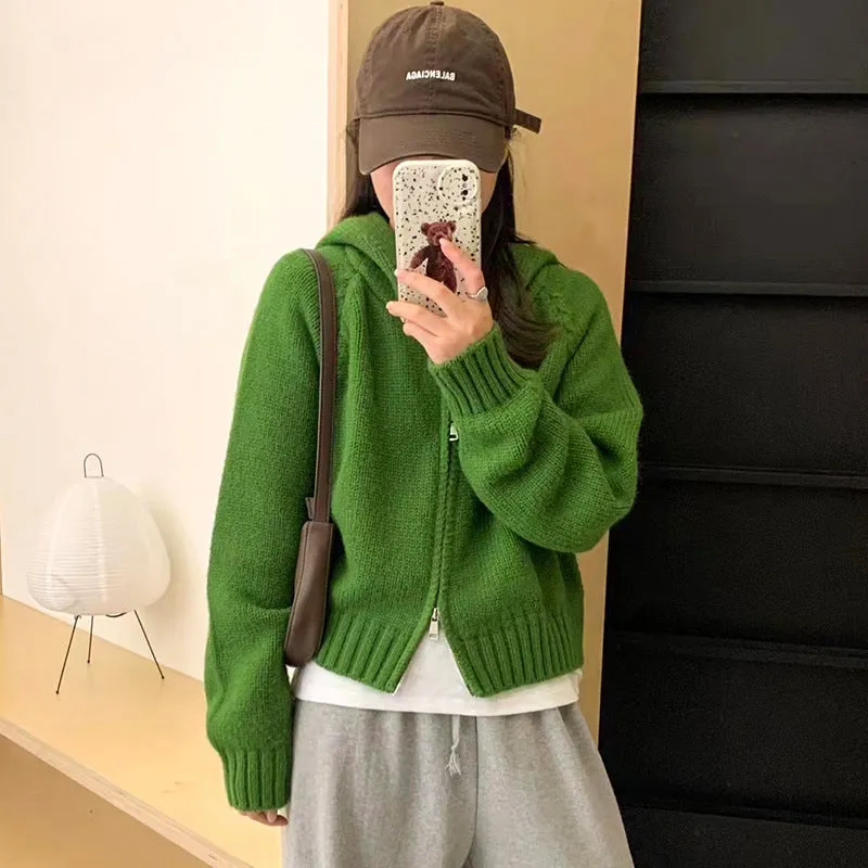 XIEYINSHE Autumn and winter new hooded zipper sweater jacket women's Korean simple soft waxy loose lazy wind knitted cardigan top
