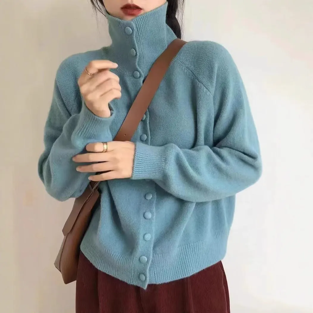XIEYINSHE High-necked knitted cardigan women's New autumn and winter new retro Korean lazy style loose sweater jacket
