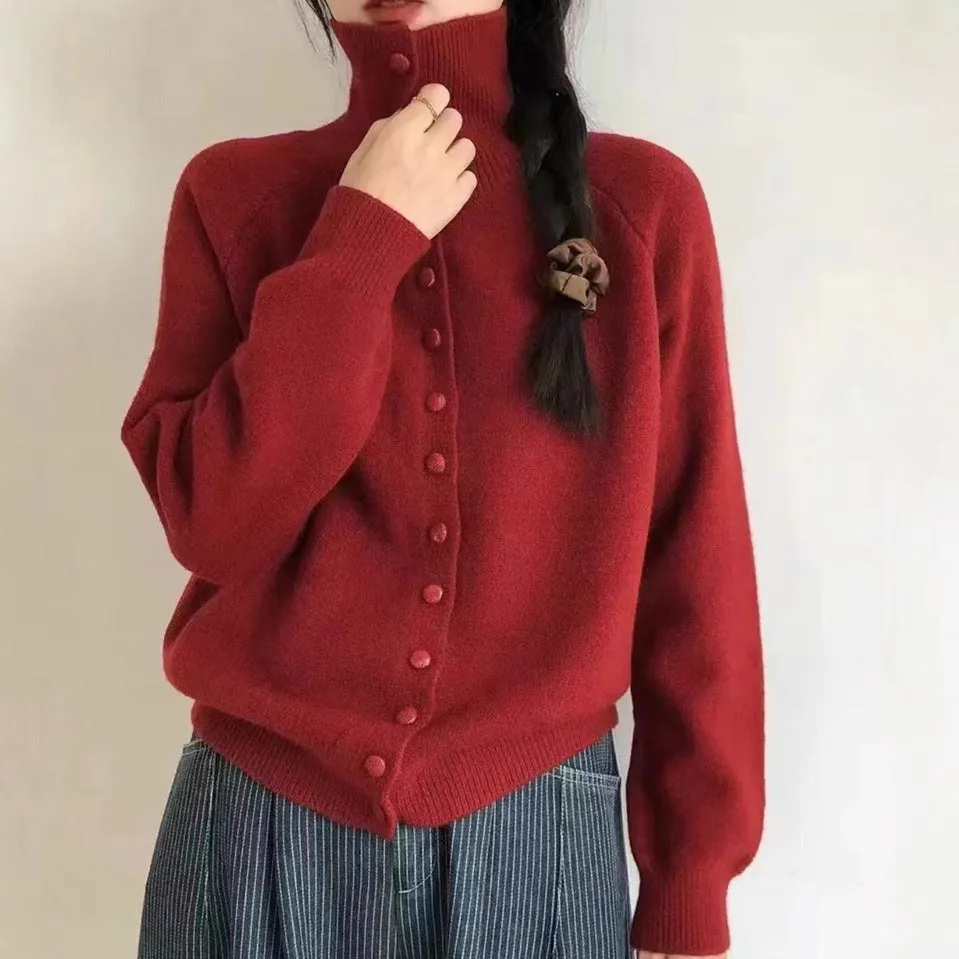 XIEYINSHE High-necked knitted cardigan women's New autumn and winter new retro Korean lazy style loose sweater jacket