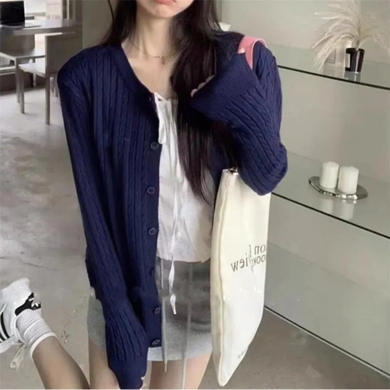 XIEYINSHE Simple wind crew neck sweater jacket women's autumn casual loose retro loose twist lazy wind knitted sweater top