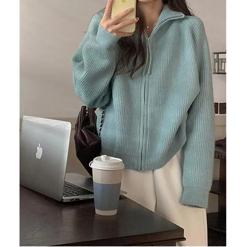 XIEYINSHE Women's coat winter new fashion loose knitted cardigan women's soft waxy design zipper sweater lazy style coat