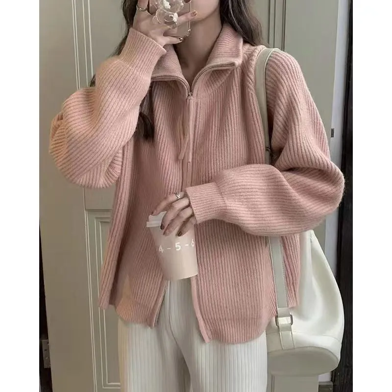 XIEYINSHE Women's coat winter new fashion loose knitted cardigan women's soft waxy design zipper sweater lazy style coat