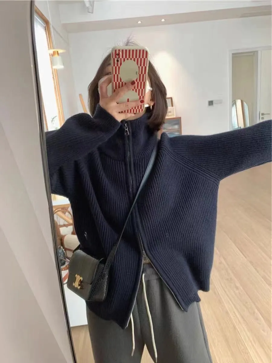 XIEYINSHE Women's coat winter new fashion loose knitted cardigan women's soft waxy design zipper sweater lazy style coat