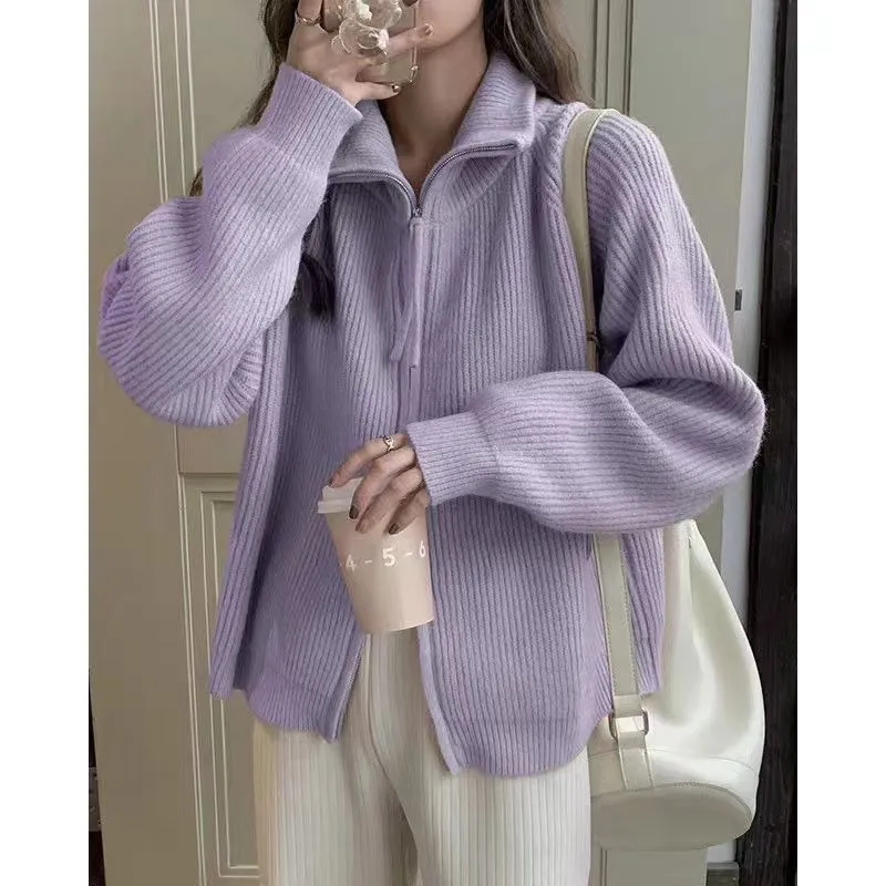 XIEYINSHE Women's coat winter new fashion loose knitted cardigan women's soft waxy design zipper sweater lazy style coat