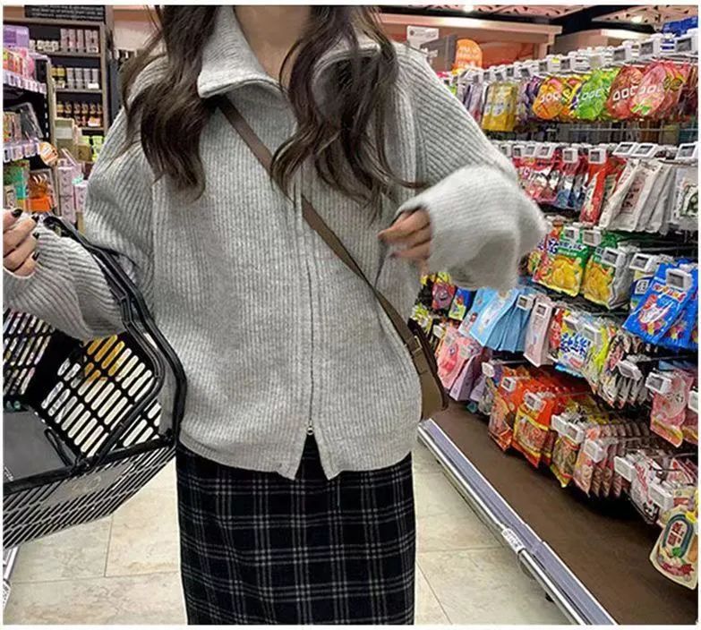 XIEYINSHE Women's coat winter new fashion loose knitted cardigan women's soft waxy design zipper sweater lazy style coat