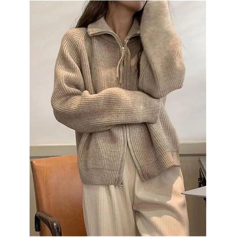 XIEYINSHE Women's coat winter new fashion loose knitted cardigan women's soft waxy design zipper sweater lazy style coat