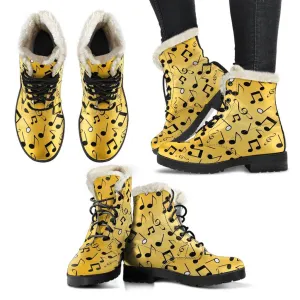 Yellow Music Notes Design Faux Fur Leather Boots Winter Custom Shoes