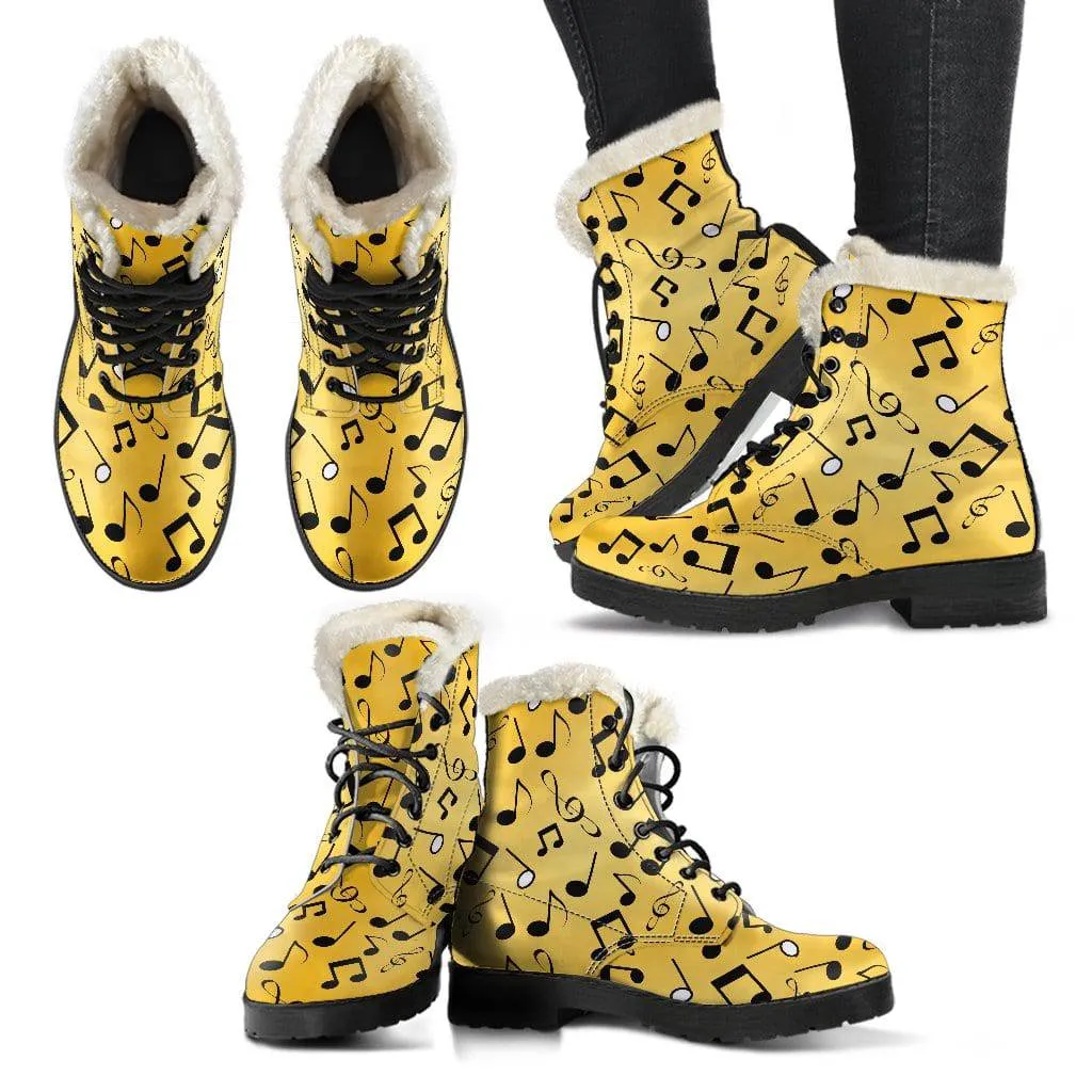 Yellow Music Notes Design Faux Fur Leather Boots Winter Custom Shoes
