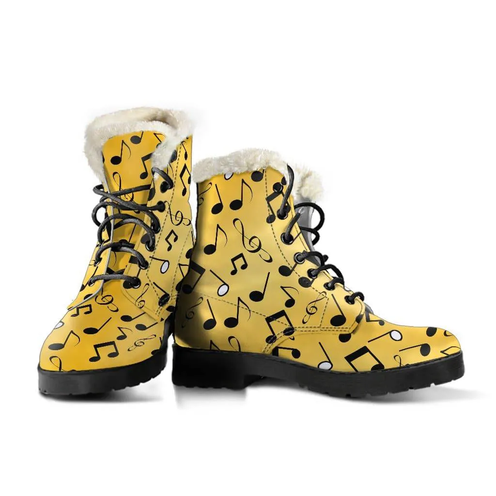 Yellow Music Notes Design Faux Fur Leather Boots Winter Custom Shoes